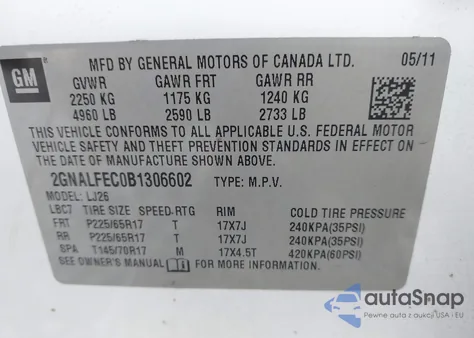 2011 Chevrolet Equinox Ltz from USA, damaged, VIN 2GNALFEC0B1306602